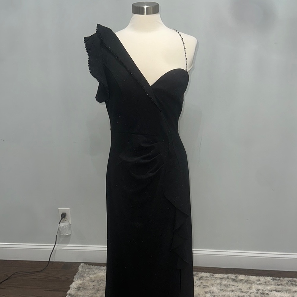 Black Ruffled One Shoulder Cocktail Dress - Picture 3 of 8